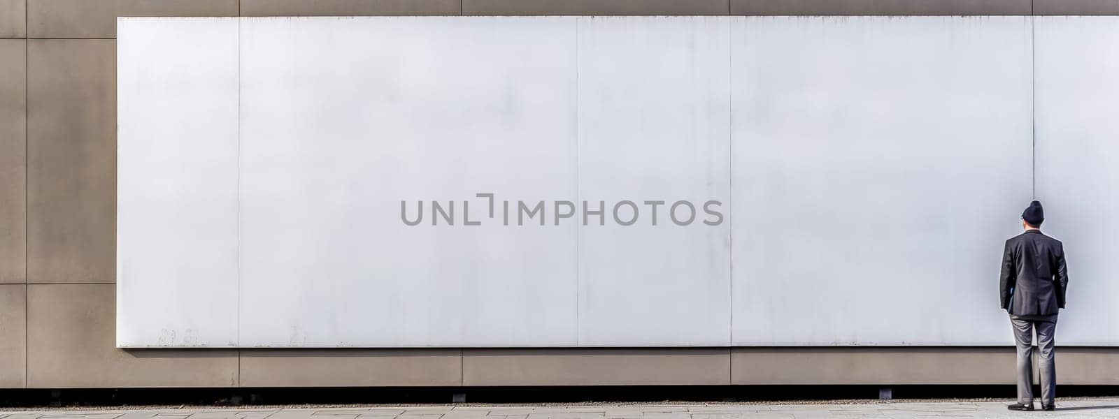 man standing by the wall with a big white banner, mockup with copy space, made with Generative AI. High quality illustration