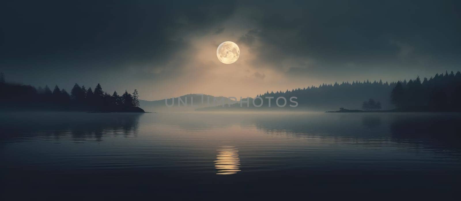 Forest, lake, mountains and a big night moon by cherezoff