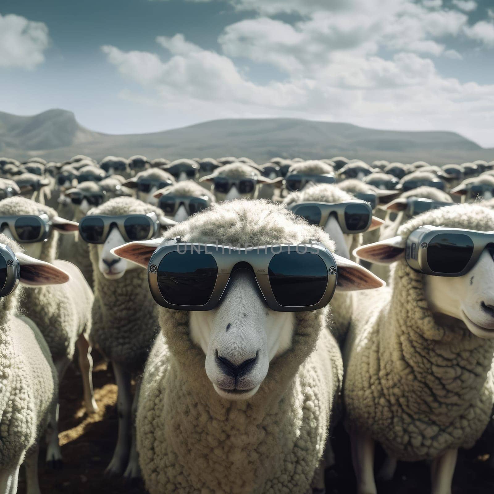 A herd of sheep wearing virtual reality glasses. A vision for the future