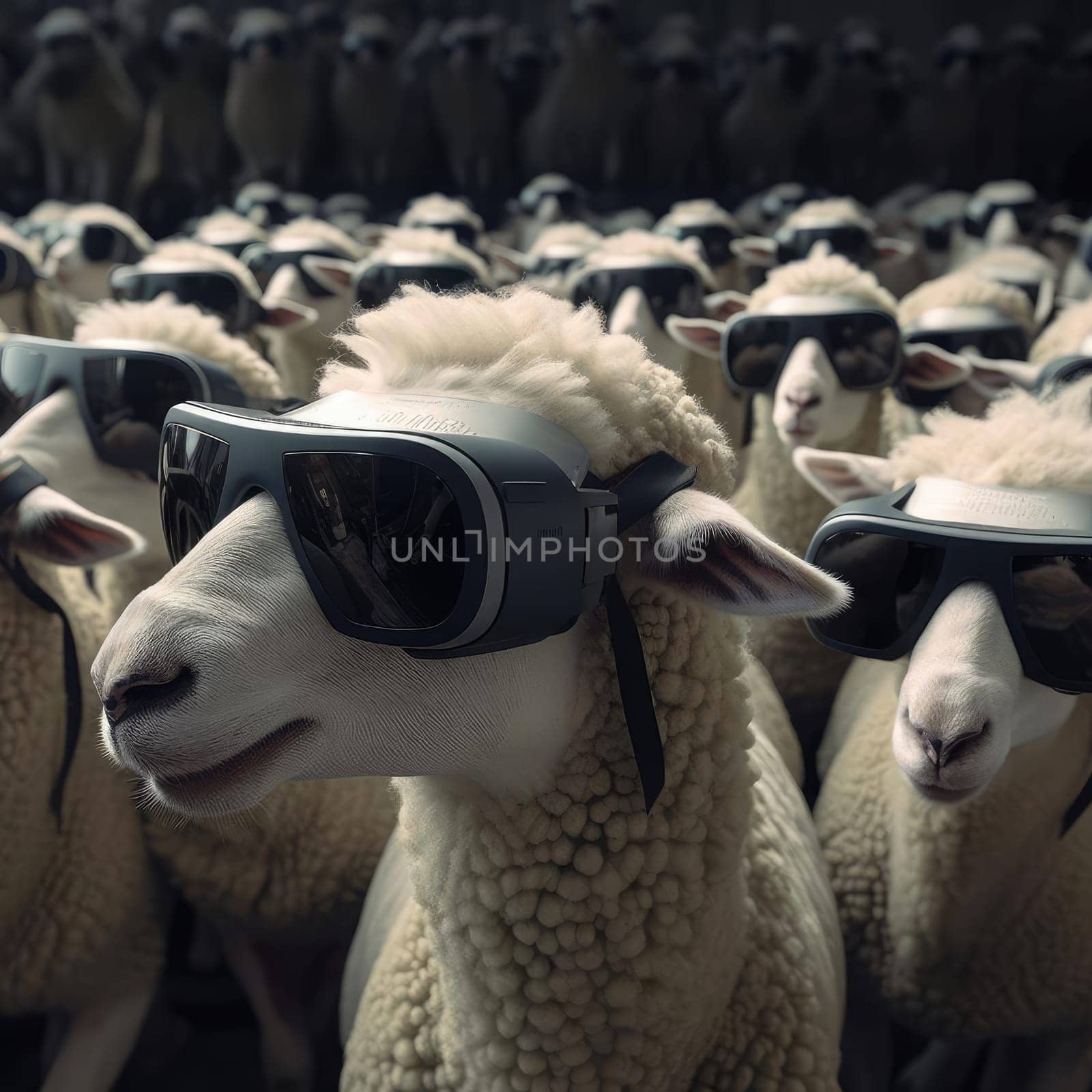 A herd of sheep wearing virtual reality glasses. A vision for the future