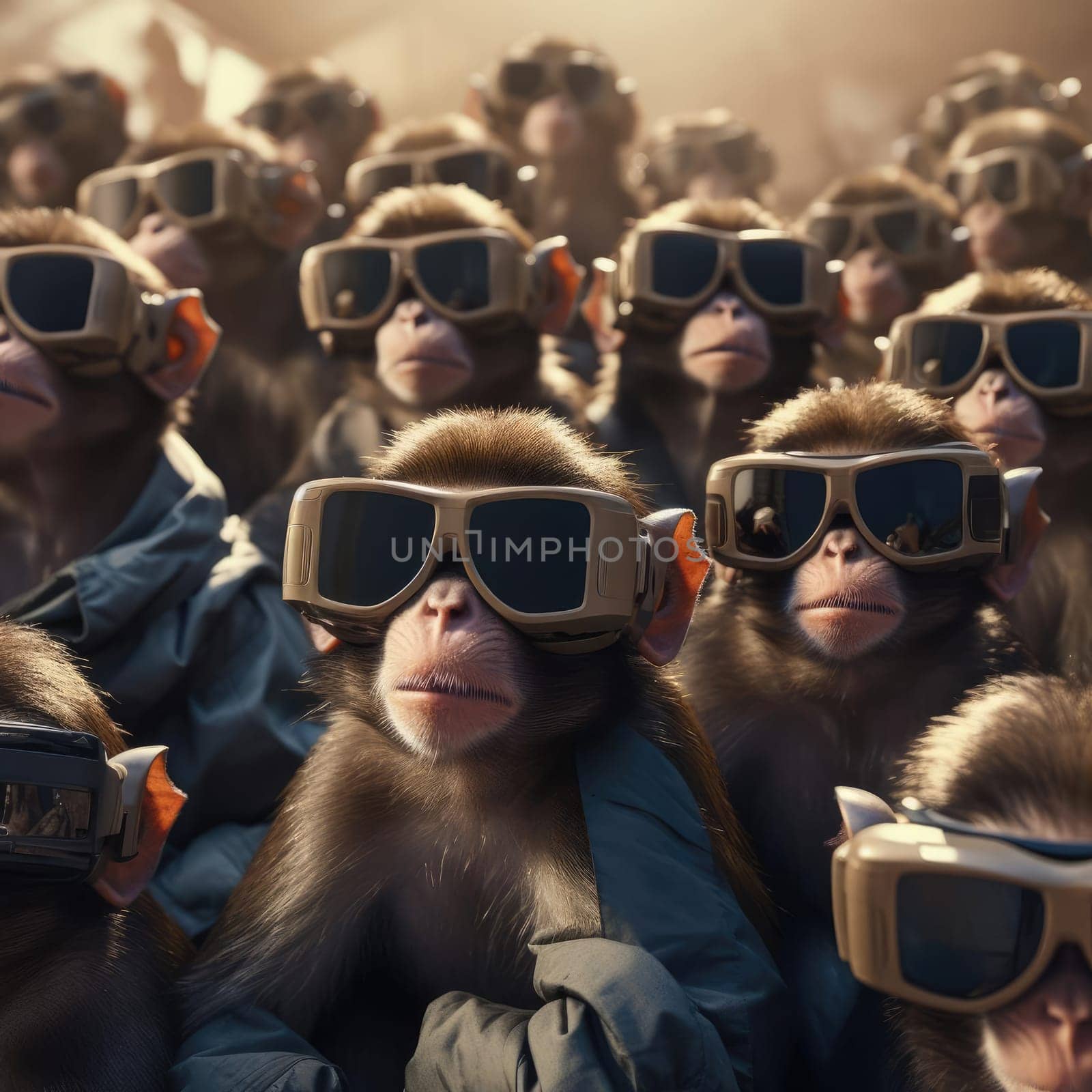 A crowd of monkeys wearing virtual reality glasses by cherezoff