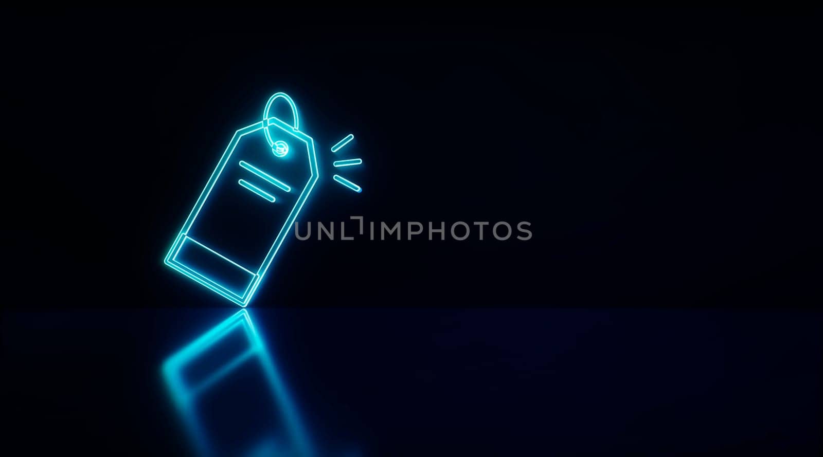 Tag neon icon for discount on blue background. 3D rendering.