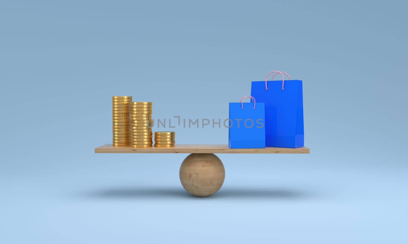 Wood scale with coins stacks and shopping bag. Weight, comparison, money safe, exchange, idea, management and investing concept. 3D rendering.