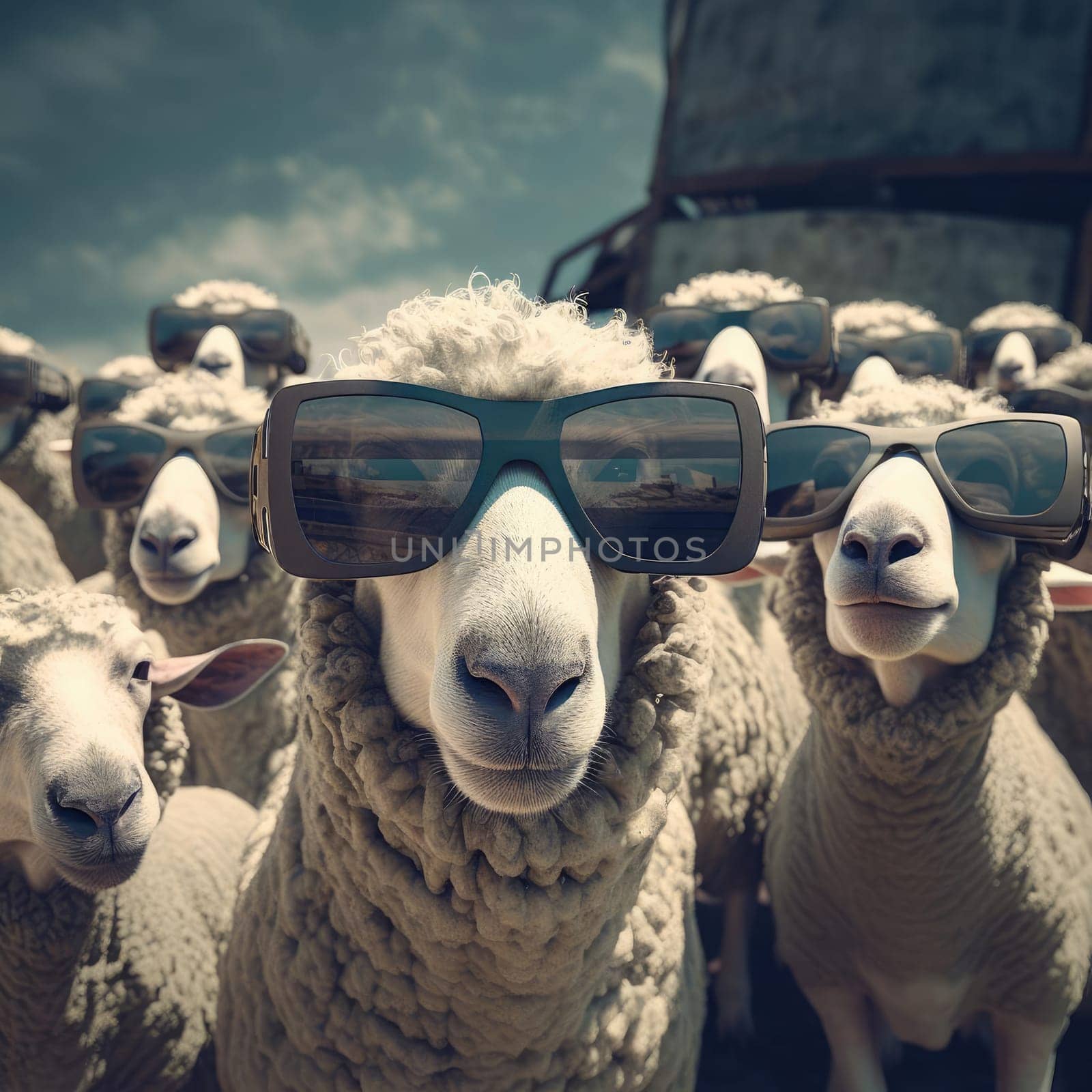 A herd of sheep wearing virtual reality glasses by cherezoff