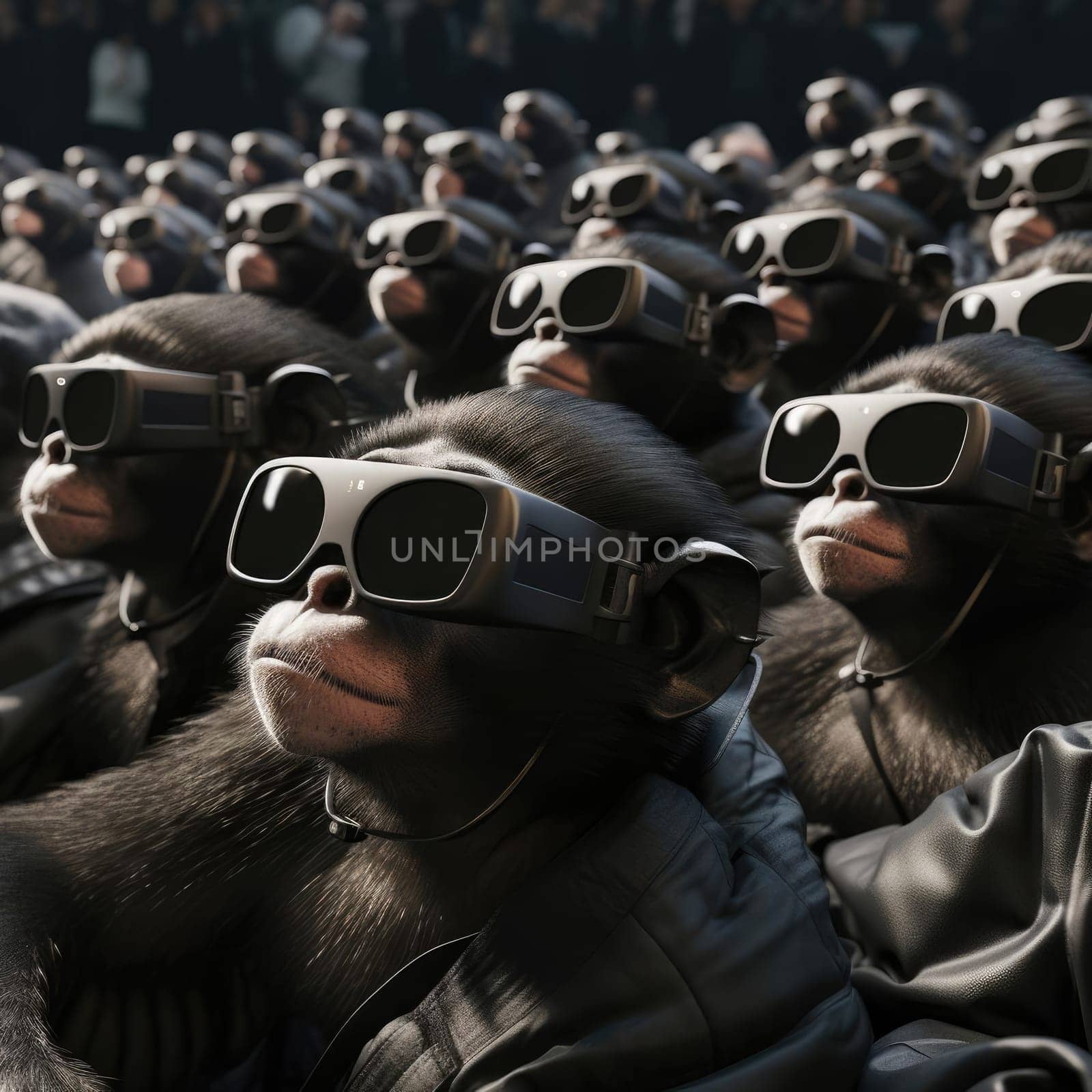 A crowd of monkeys wearing virtual reality glasses by cherezoff