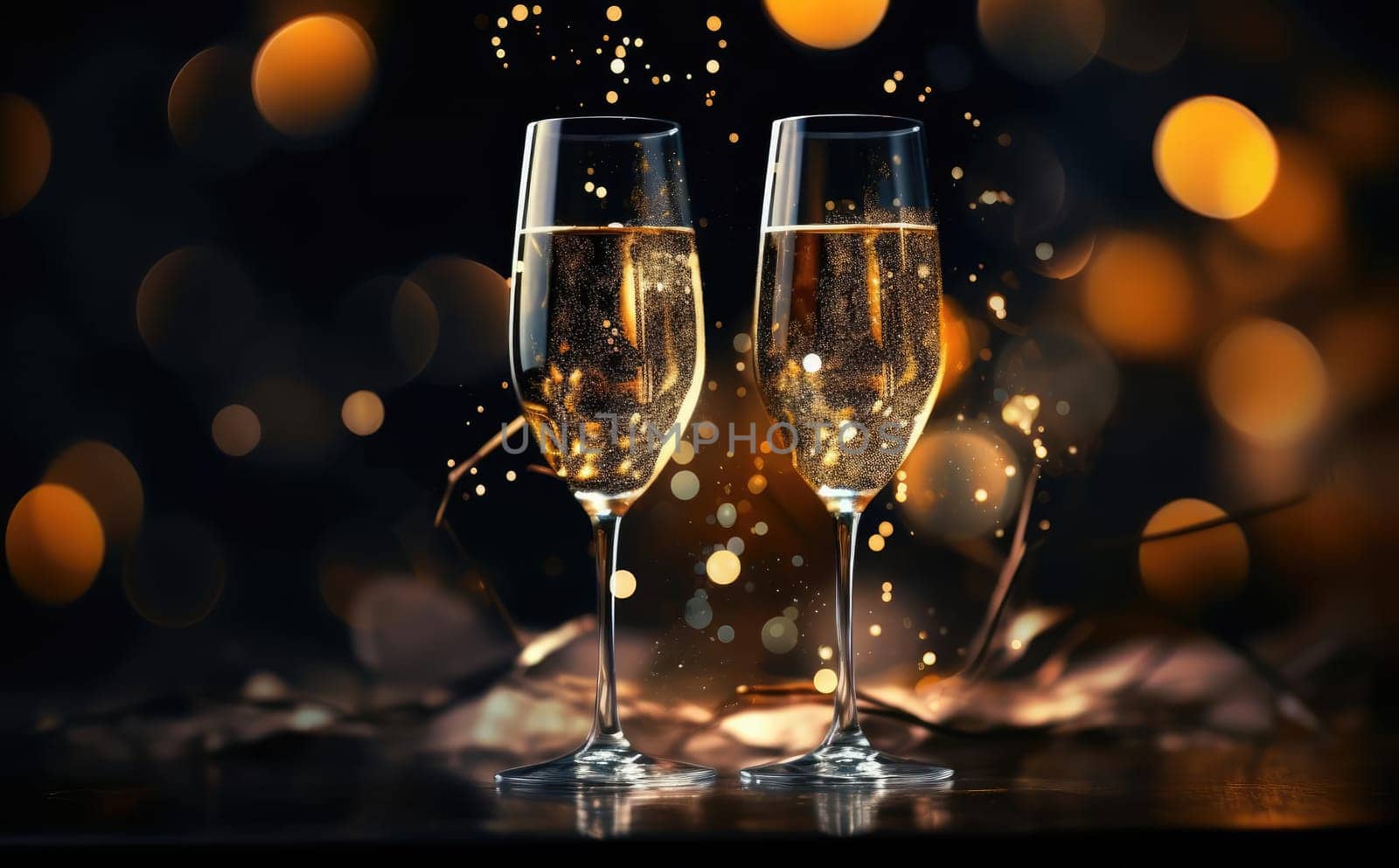 Two champagne glasses on a blurred gold background by cherezoff