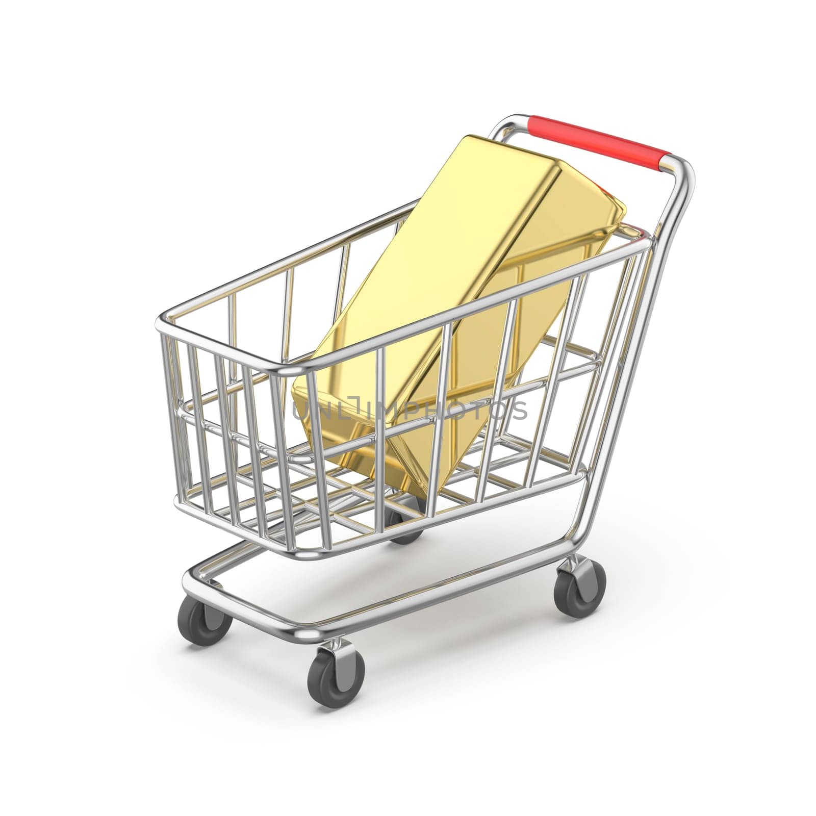 Shopping cart with gold bar on white background