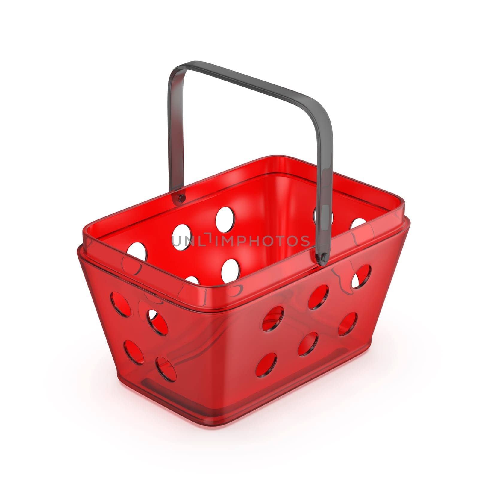 Empty red plastic shopping basket on white background