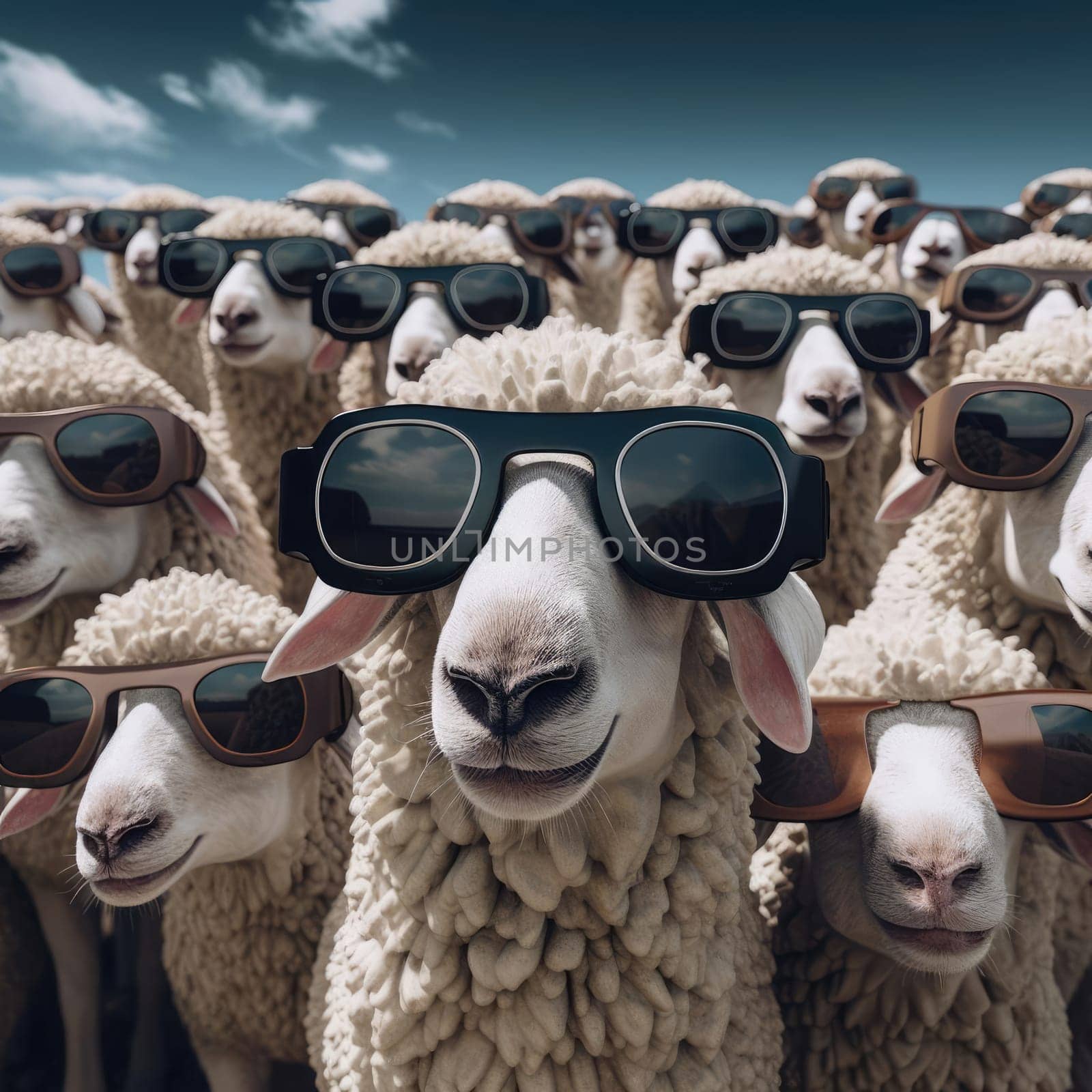 A herd of sheep wearing virtual reality glasses. A vision for the future