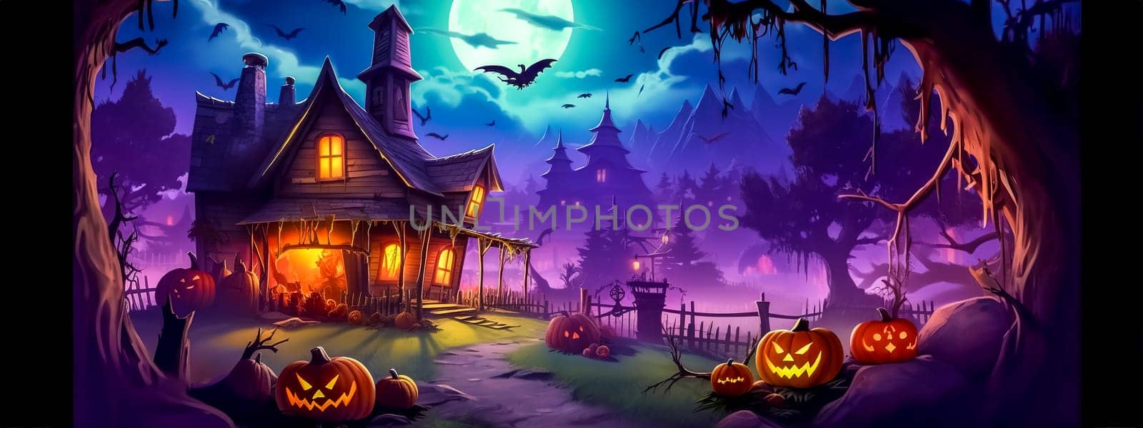 Halloween, carved pumpkins, scary characters and bats in a mysterious dark forest, made with Generative AI. High quality illustration