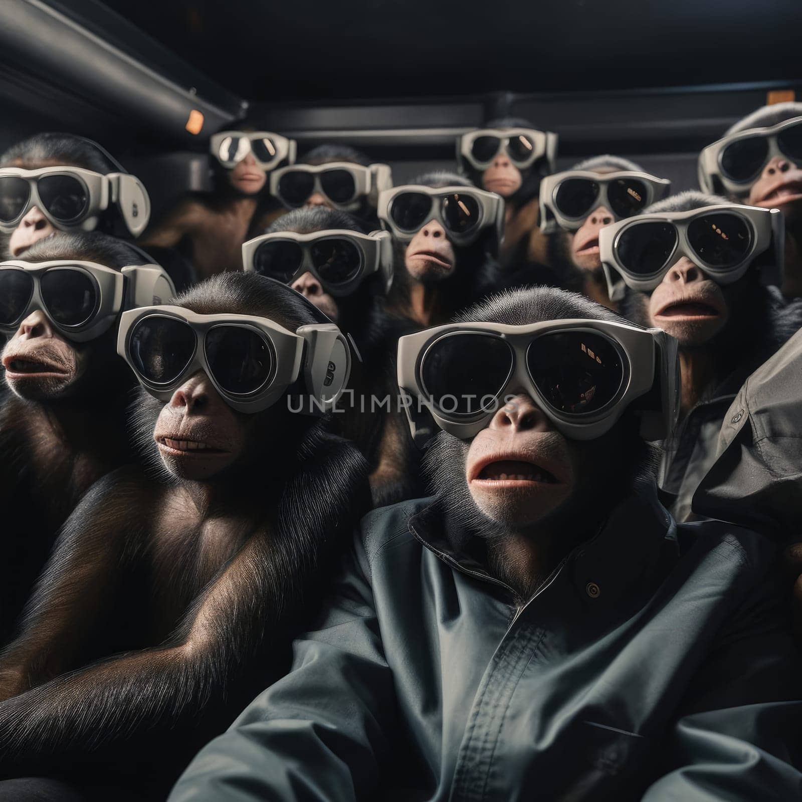 A crowd of monkeys wearing virtual reality glasses. A vision for the future