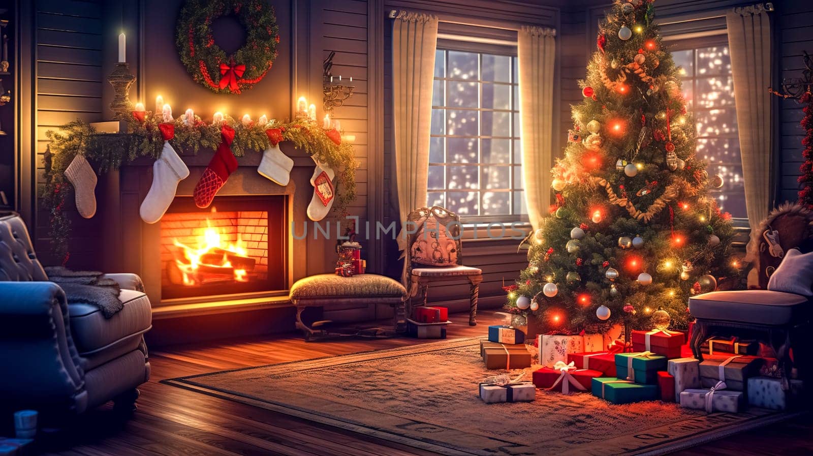 Christmas interior with decorated tree, gifts and fireplace, made with Generative AI. High quality illustration