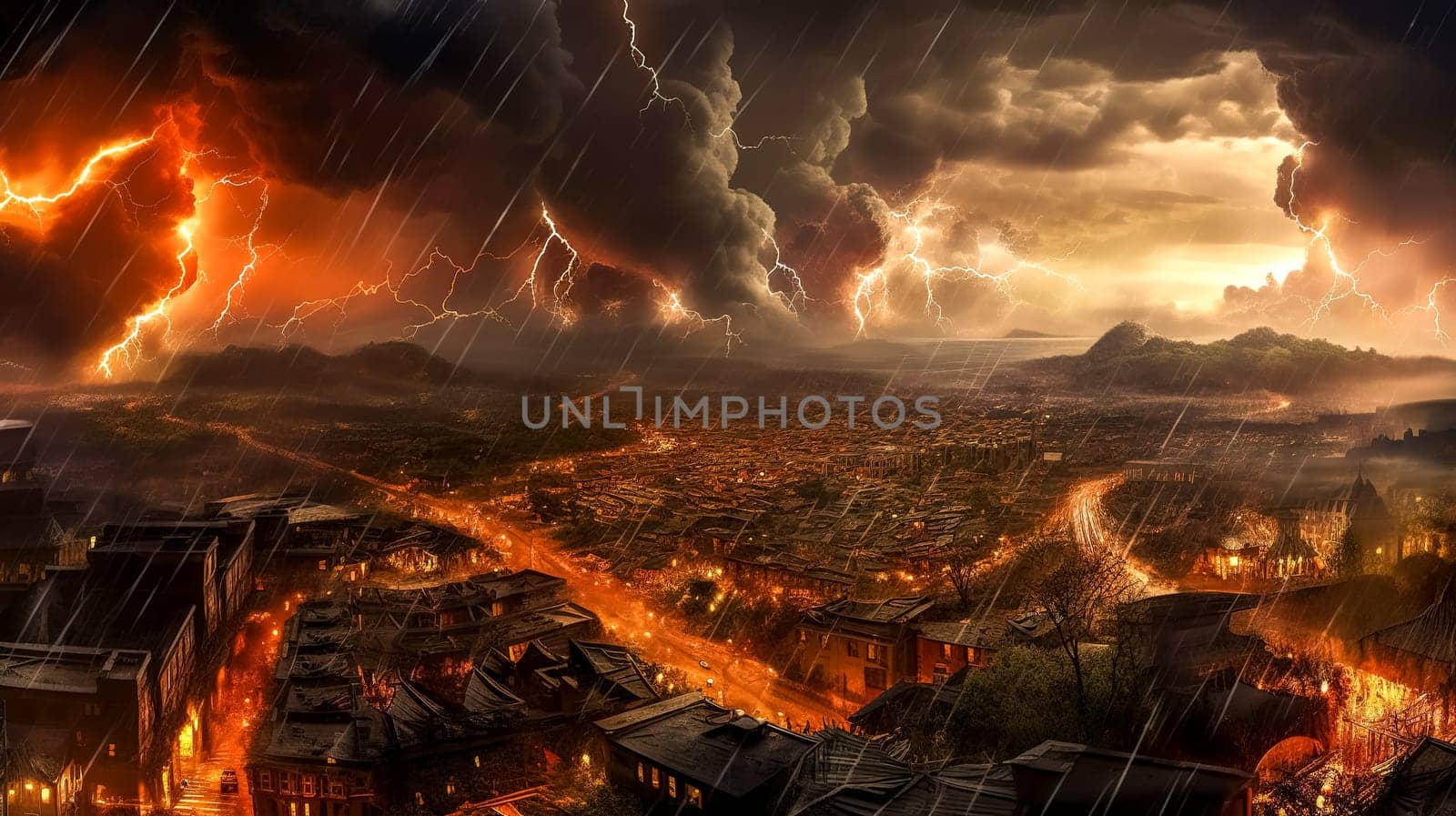 apocalypse in the city, made with Generative AI. High quality illustration