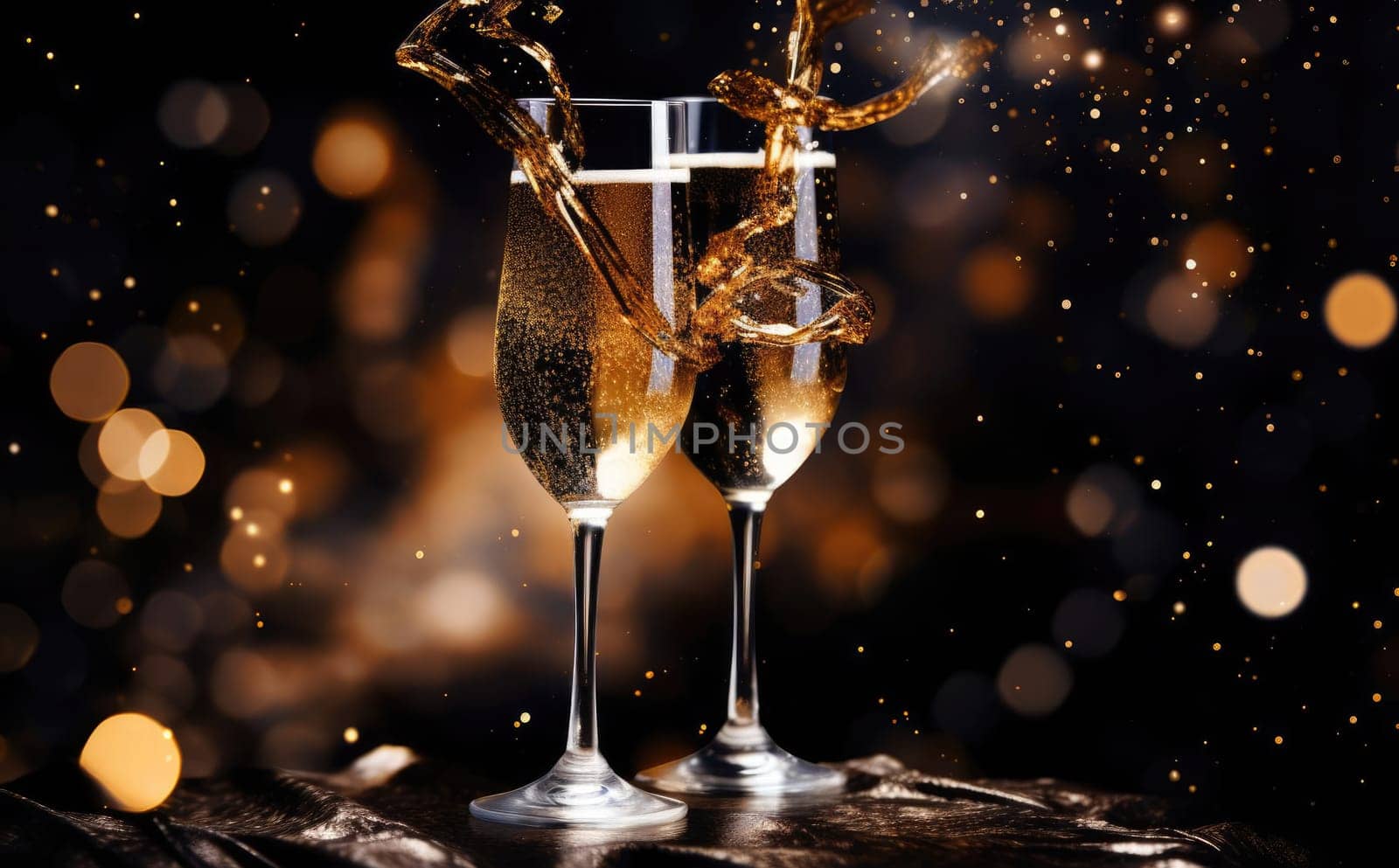 Two champagne glasses on a blurred gold background by cherezoff
