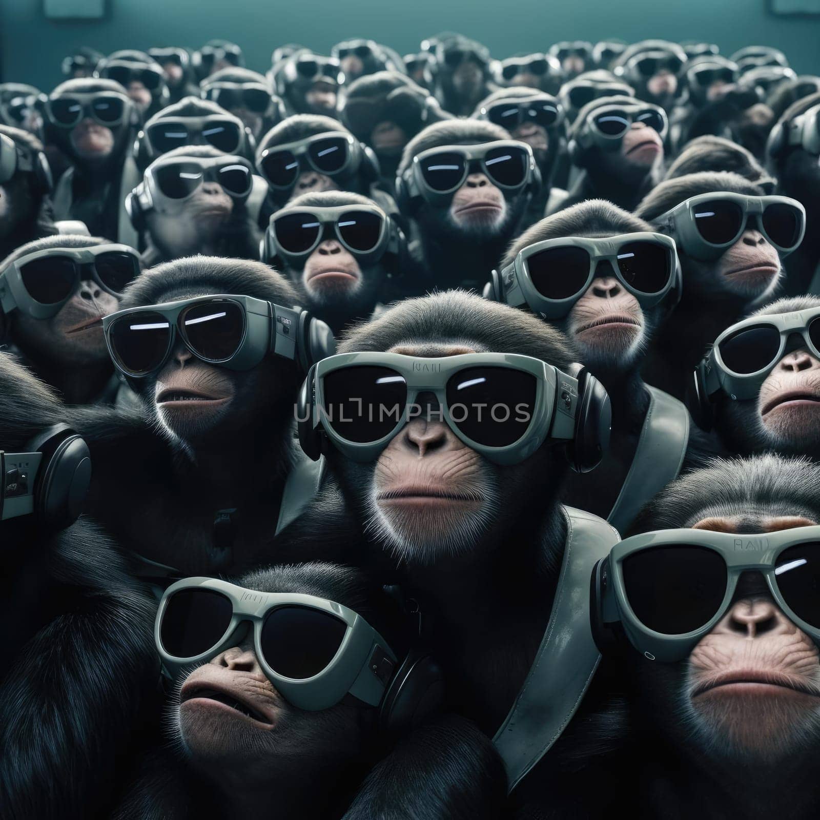 A crowd of monkeys wearing virtual reality glasses. A vision for the future