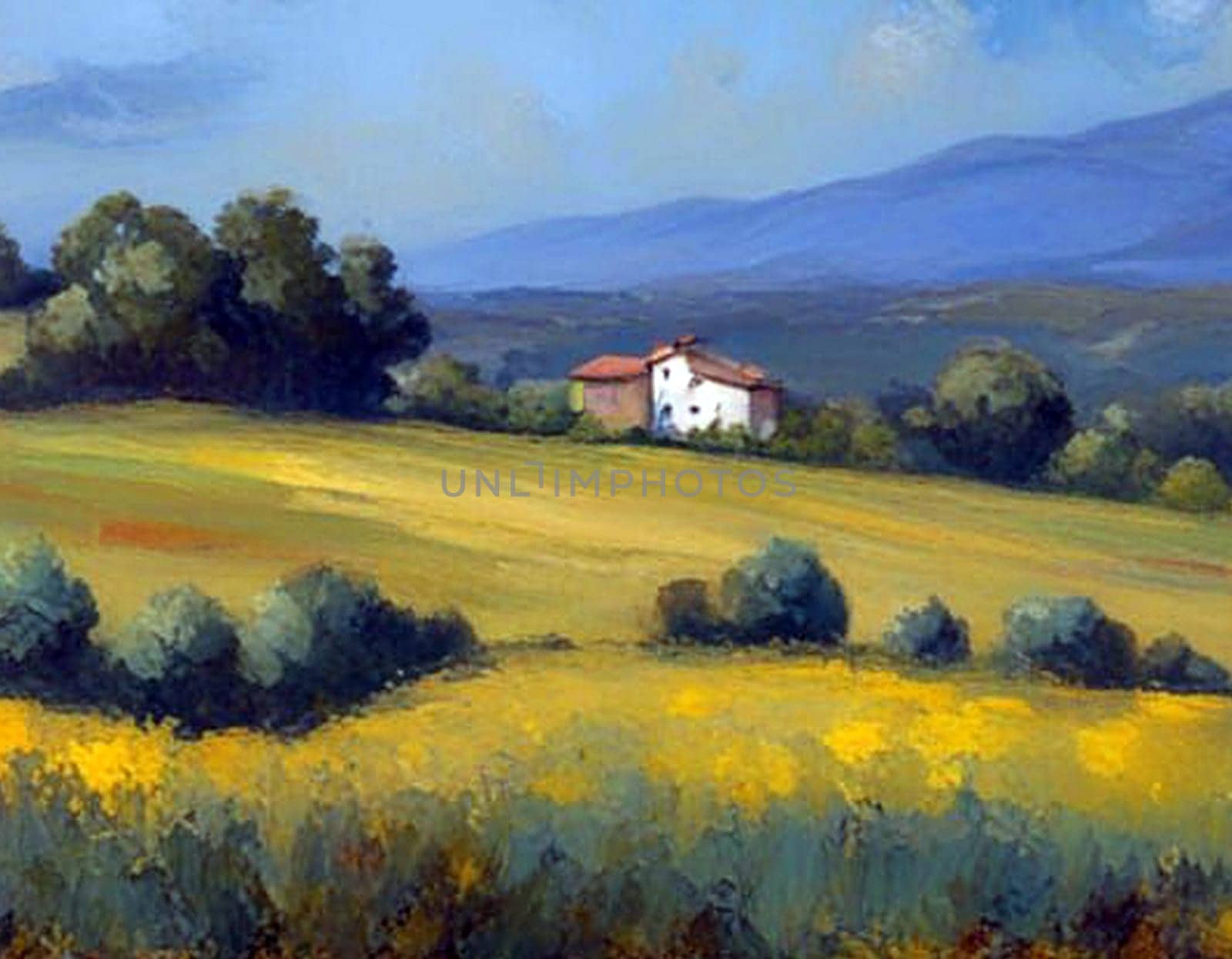 AI generated oil painting of panoramic view of rolling hills dotted with farm house.