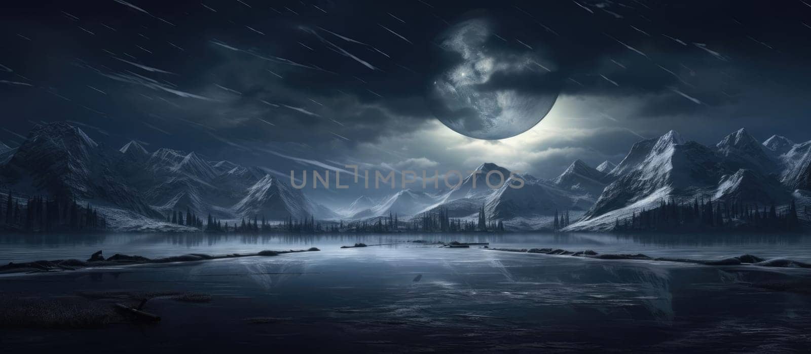 Dramatic landscape. Lesi and the lake against the background of the moon. Cinematic