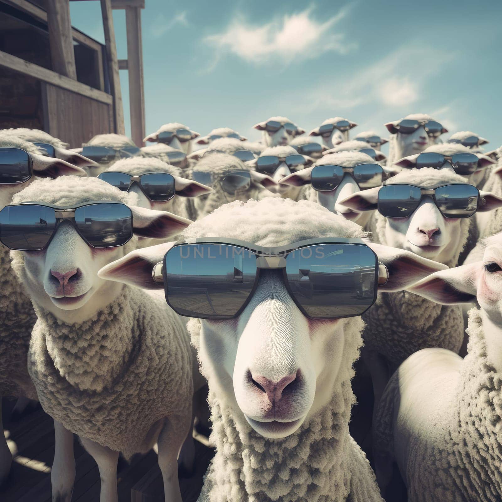 A herd of sheep wearing virtual reality glasses. A vision for the future