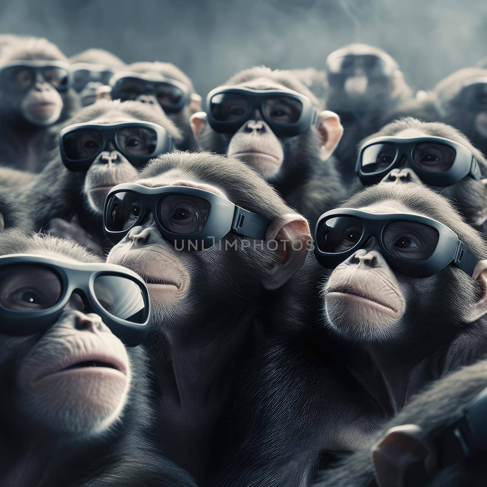 A crowd of monkeys wearing virtual reality glasses by cherezoff