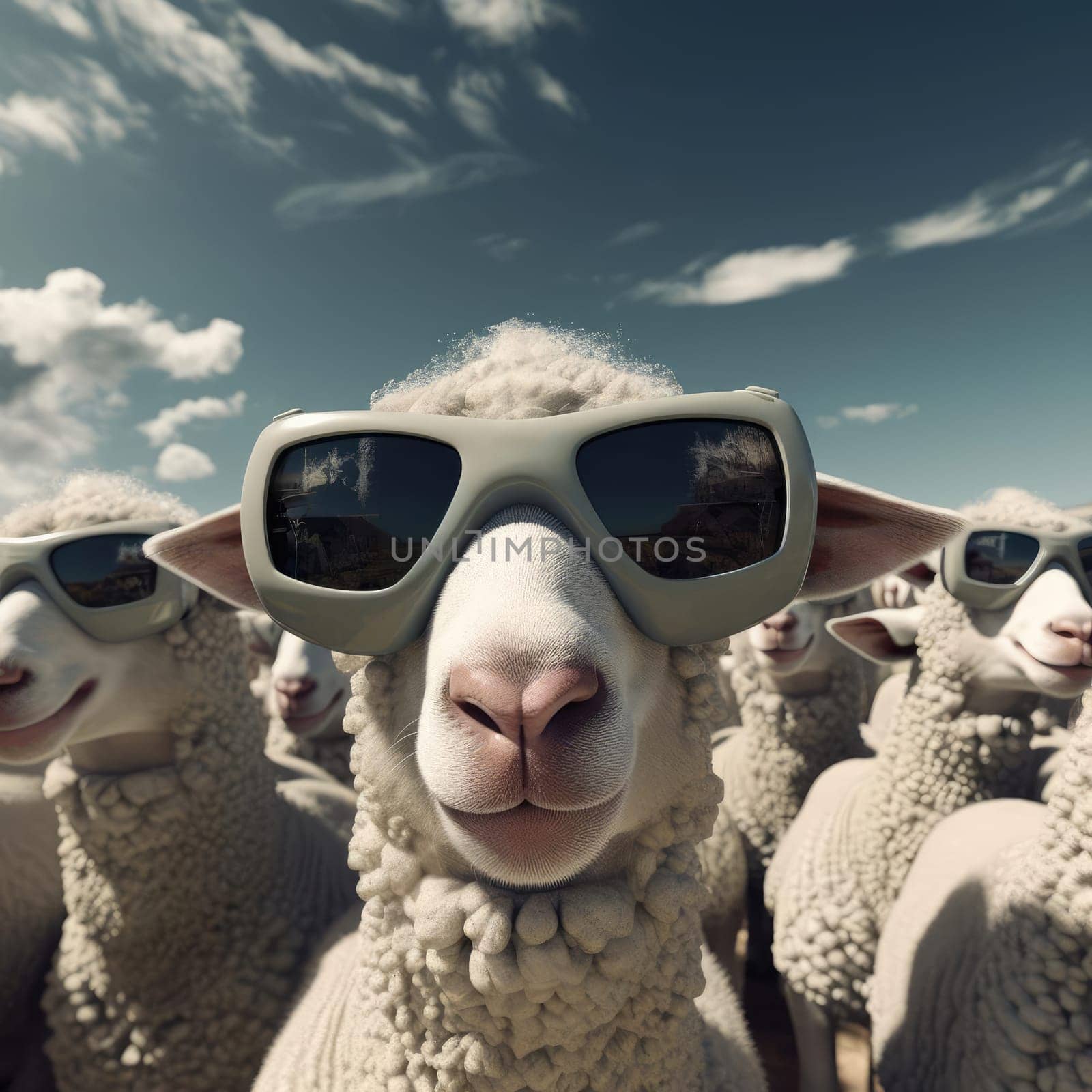 A herd of sheep wearing virtual reality glasses. A vision for the future