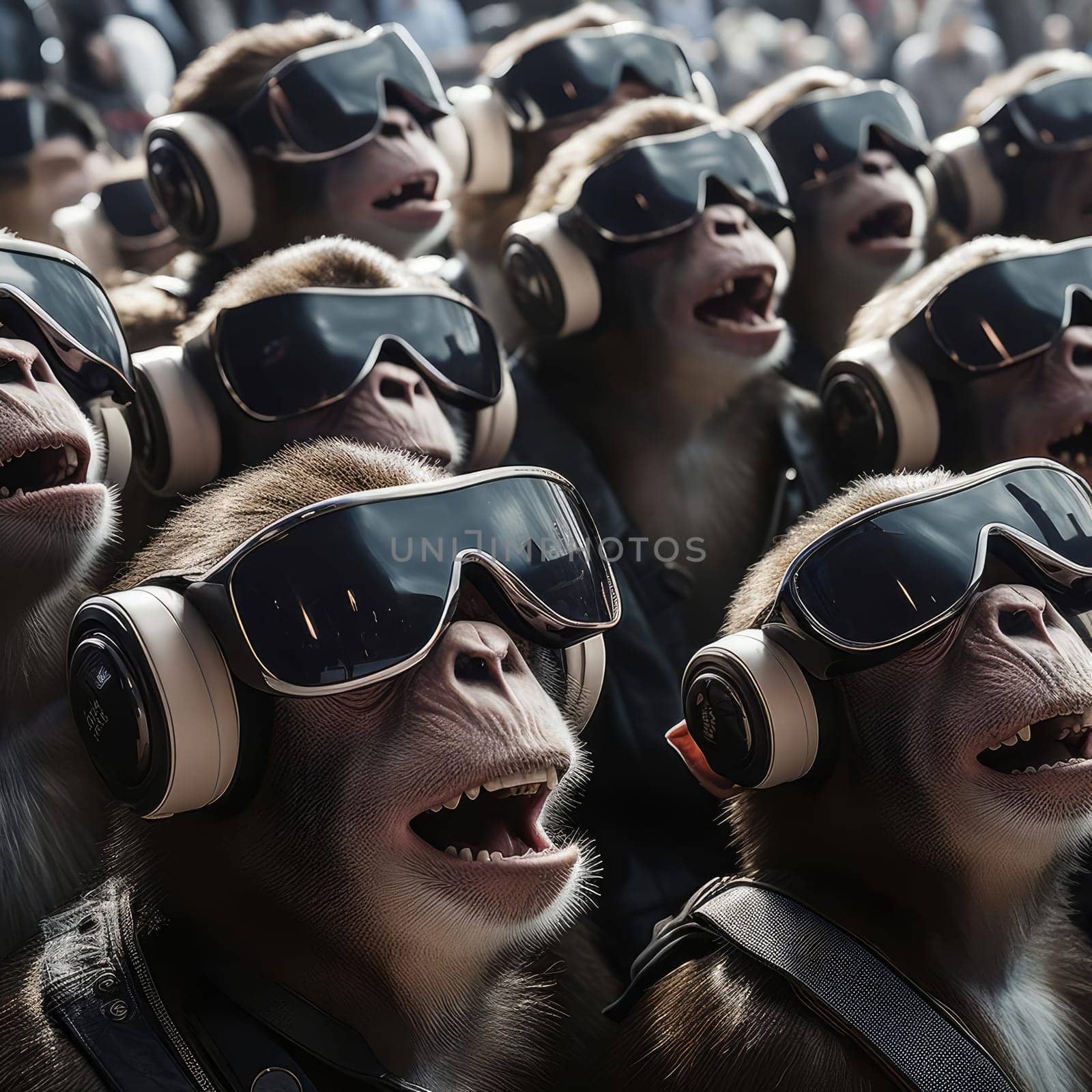 A crowd of monkeys wearing virtual reality glasses by cherezoff