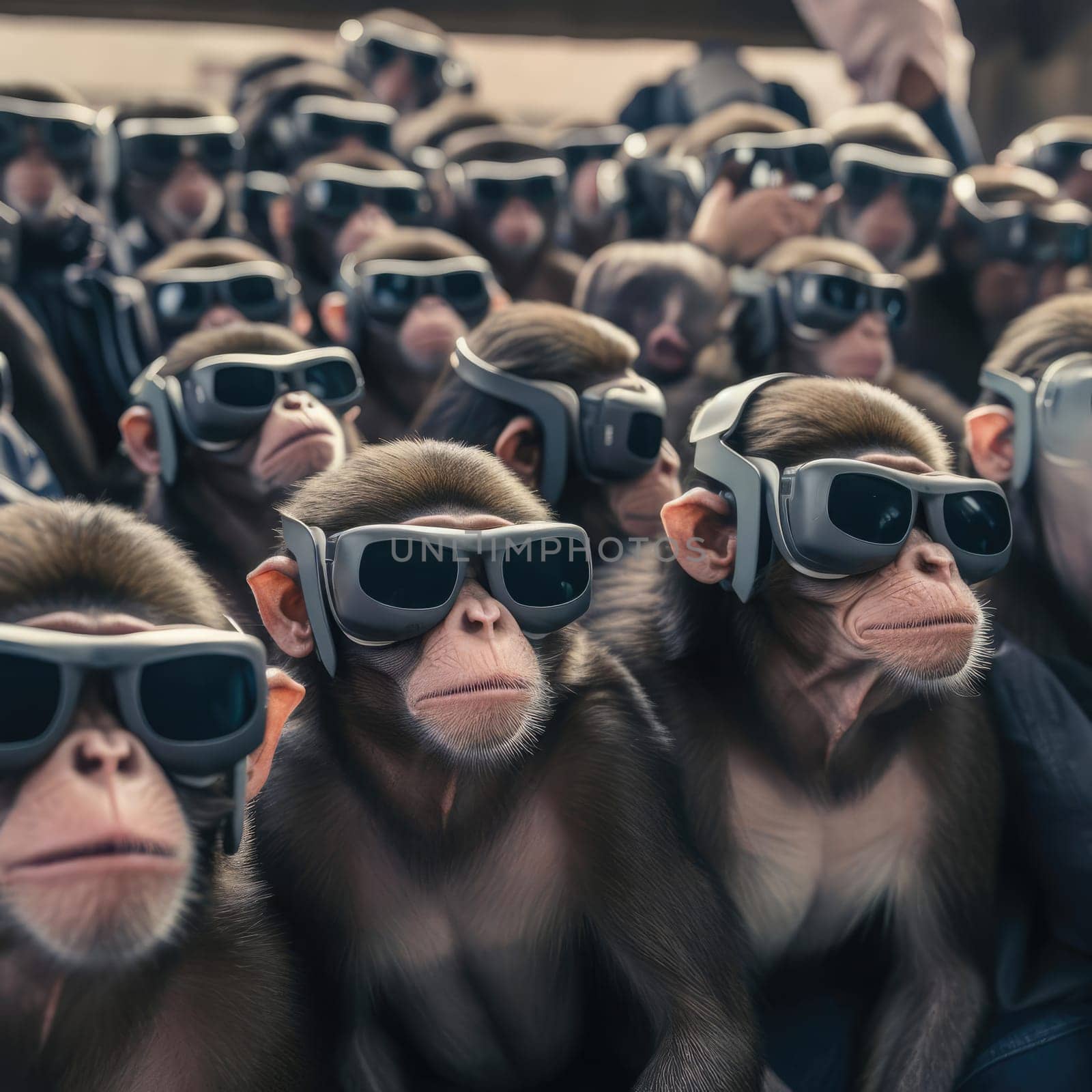 A crowd of monkeys wearing virtual reality glasses by cherezoff