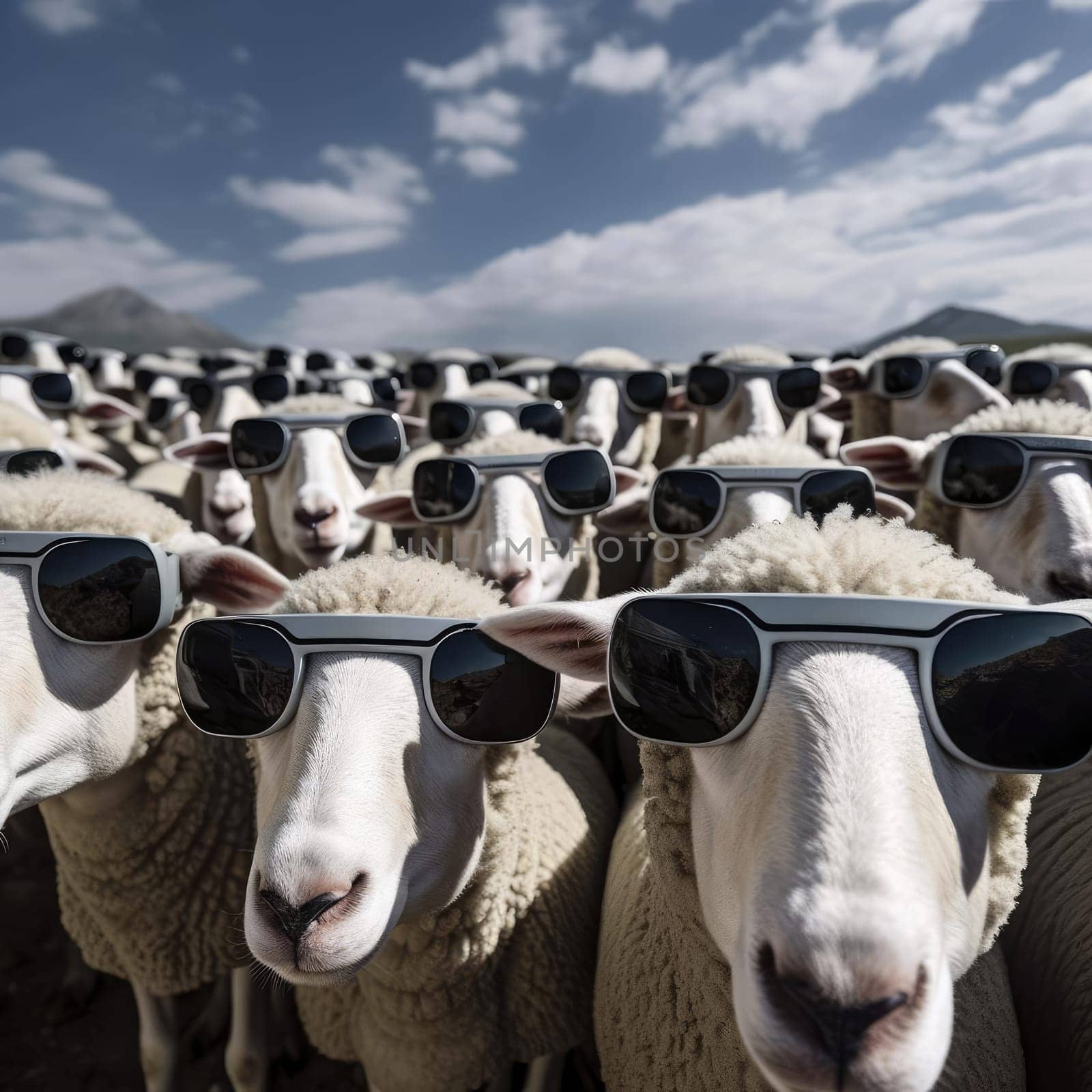 A herd of sheep wearing virtual reality glasses. A vision for the future