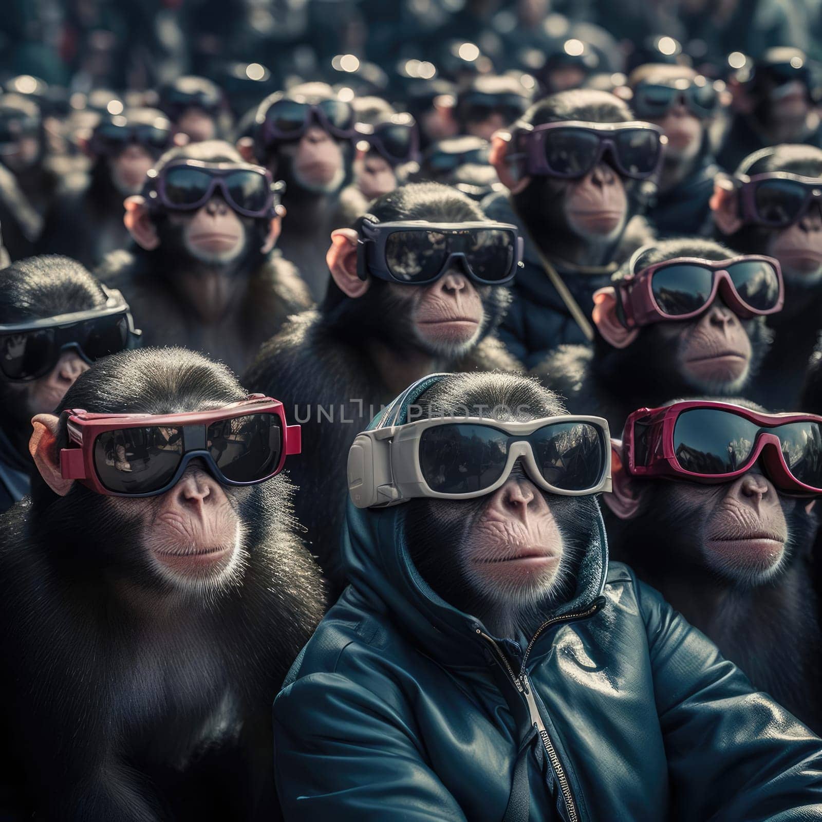 A crowd of monkeys wearing virtual reality glasses by cherezoff