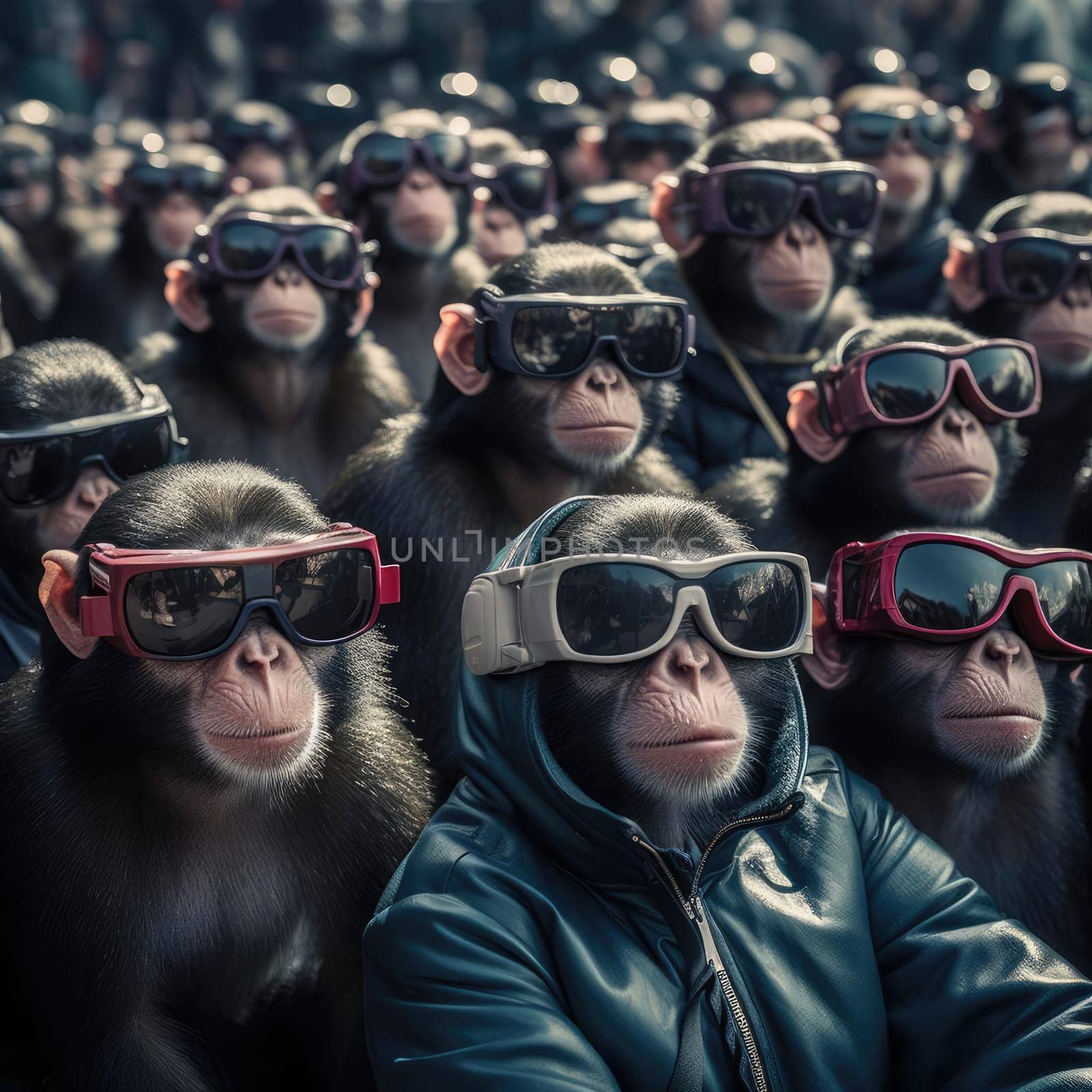 A crowd of monkeys wearing virtual reality glasses. A vision for the future