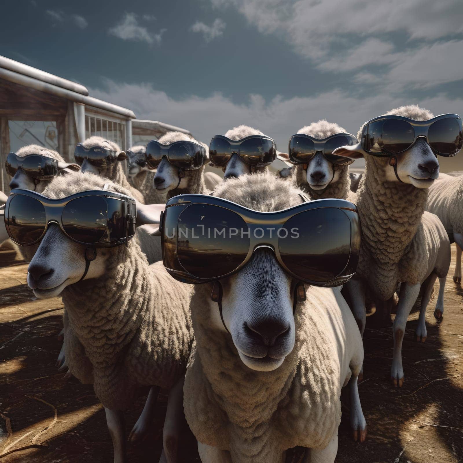 A herd of sheep wearing virtual reality glasses. A vision for the future