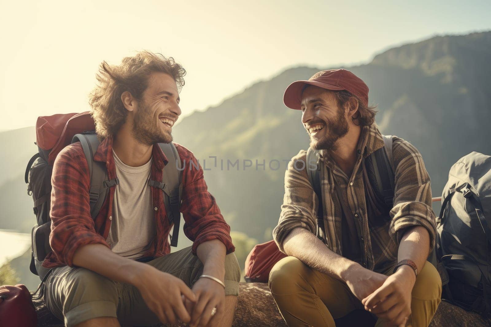 Two friends hiking in mountains, talking and laughing. AI Generative by Desperada