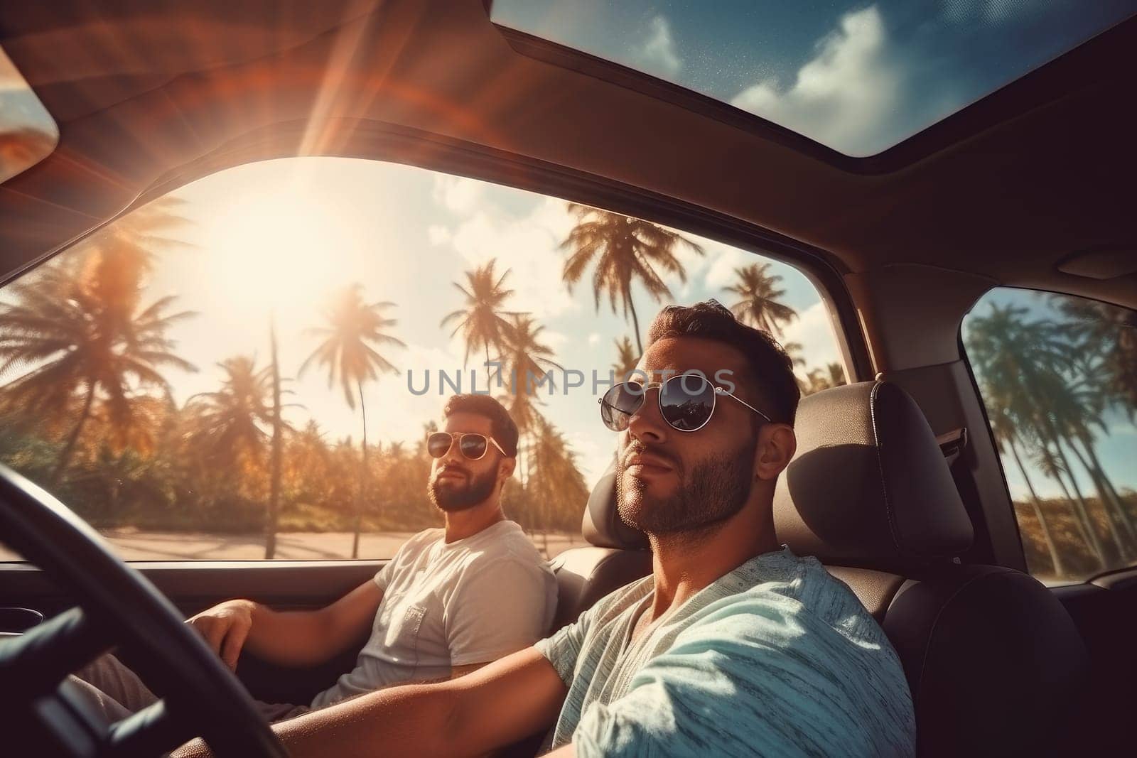 Two friends in car driving on road, having road trip, palm trees around. AI Generative by Desperada