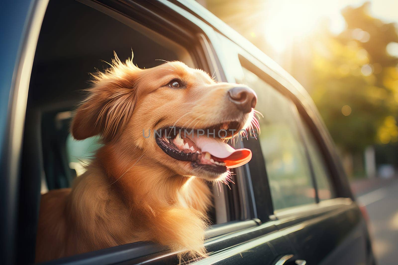 Road trip and vacation. Cute dog looking out of car window , AI Generated