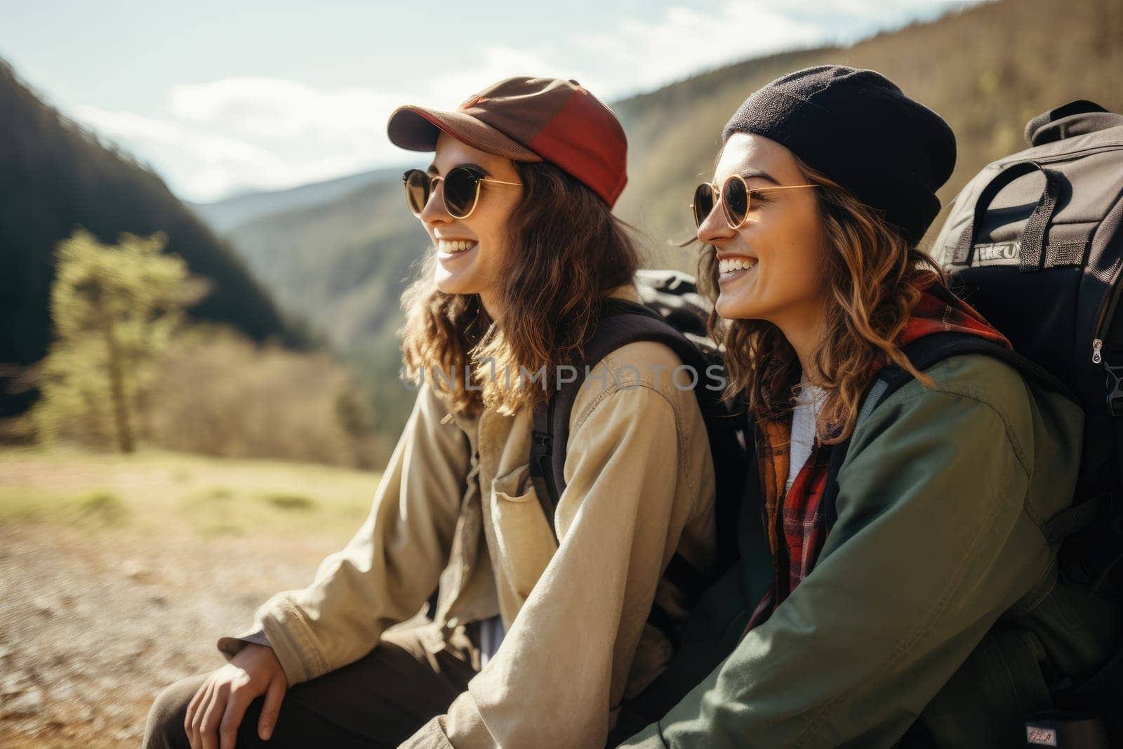 Two female friends in car driving on road, having road trip, palm trees around. AI Generative by Desperada