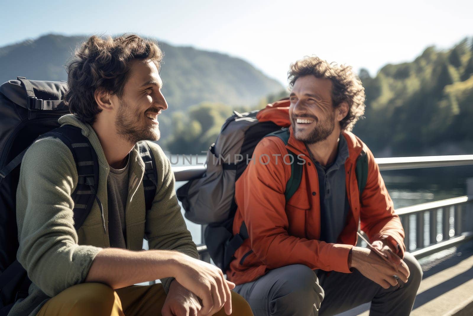 Two friends hiking in mountains, talking and laughing. AI Generative by Desperada