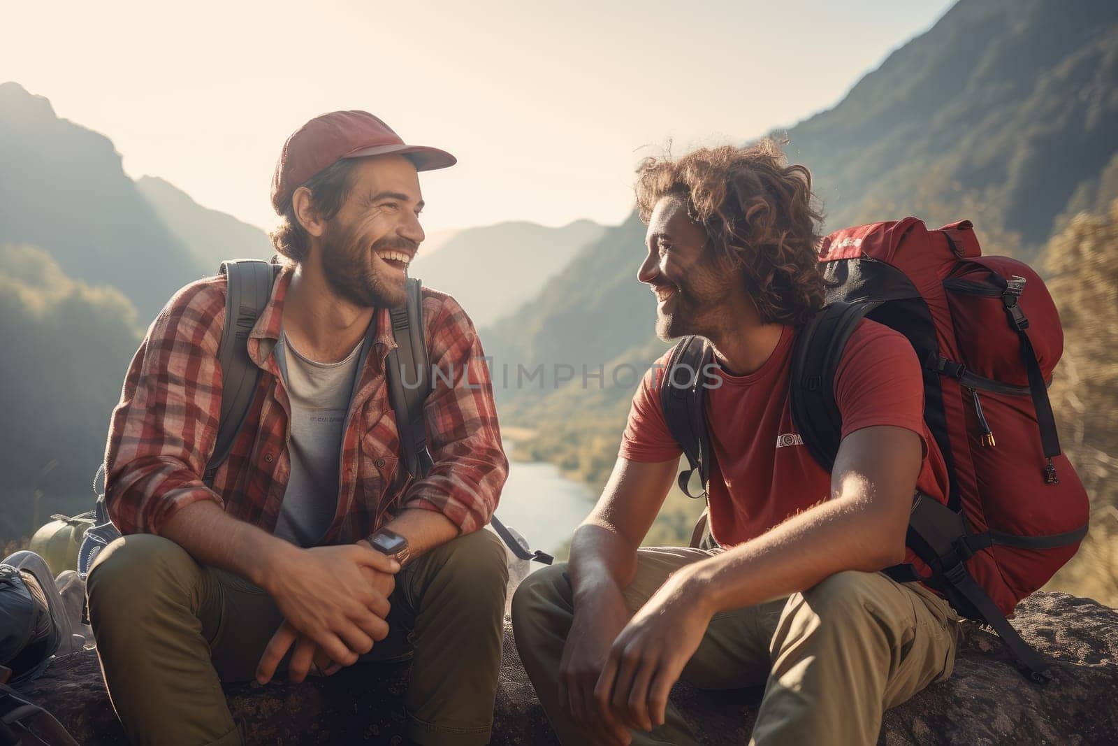 Road trip and vacation. Two friends hiking in mountains, talking and laughing . AI Generative