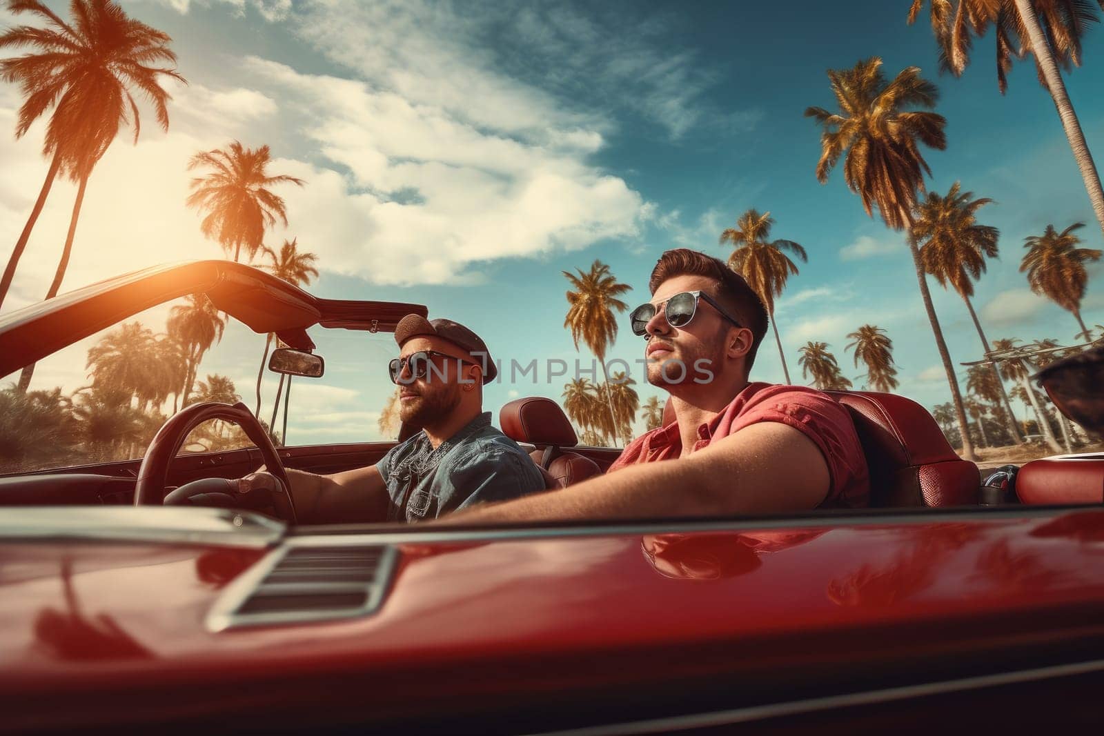 Two friends in car driving on road, having road trip, palm trees around. AI Generative by Desperada