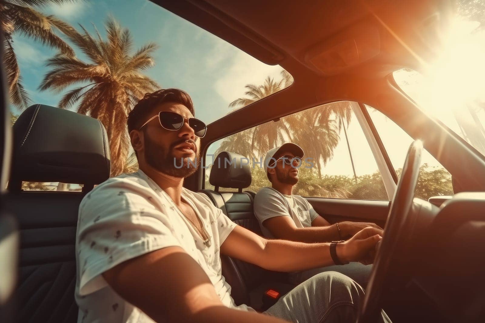 Two friends in car driving on road, having road trip, palm trees around. AI Generative by Desperada