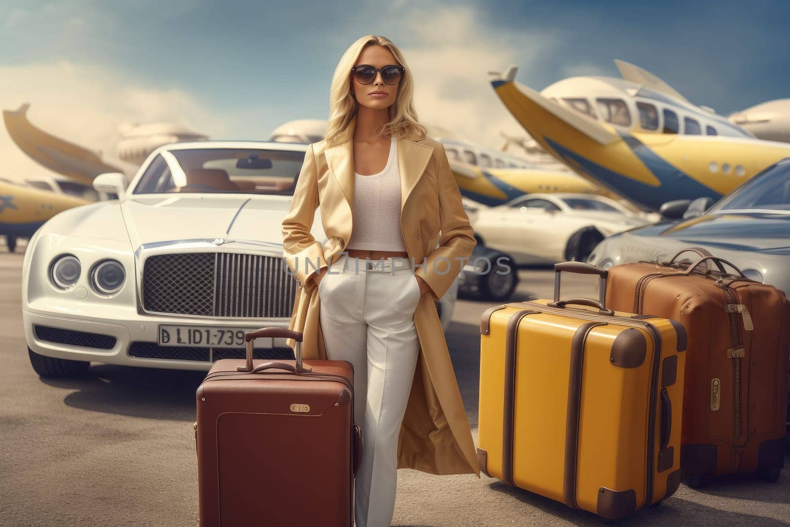 Road trips and vacation. Woman with travel bags standing next to car. AI Generative