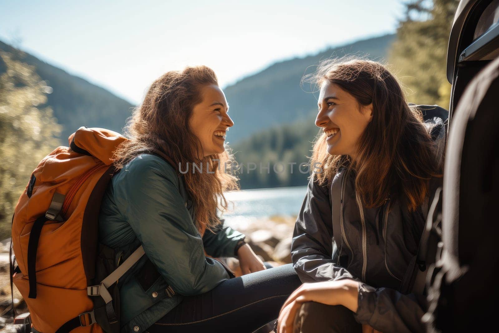 Road trip and vacation. Two female friends in car driving on road, having road trip, palm trees around. AI Generative