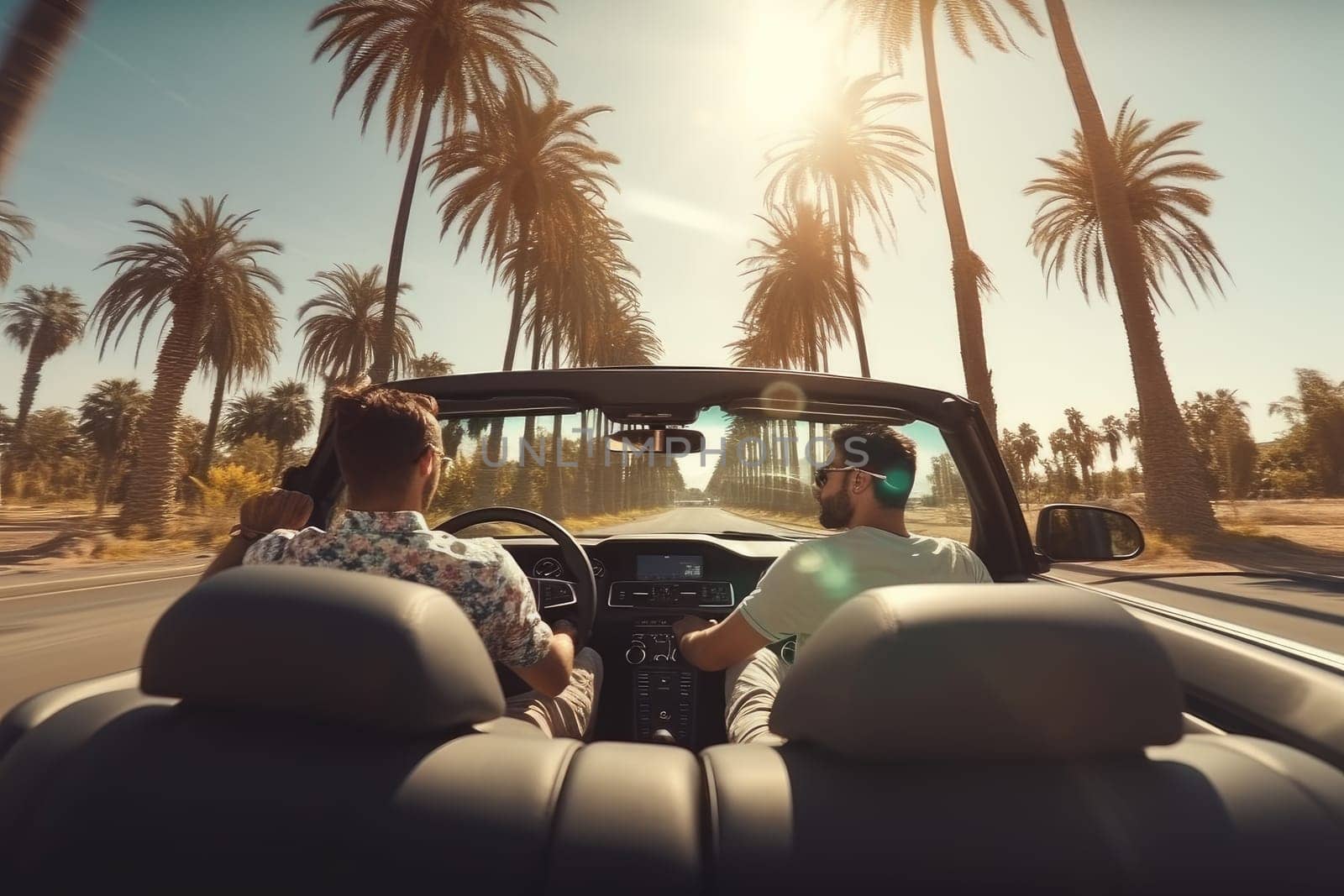 Two friends in car driving on road, having road trip, palm trees around. AI Generative by Desperada