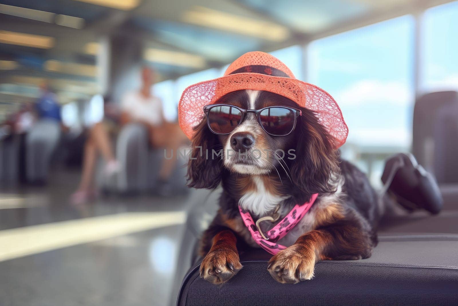 Cute dog sitting on luggage bags , AI Generated by Desperada