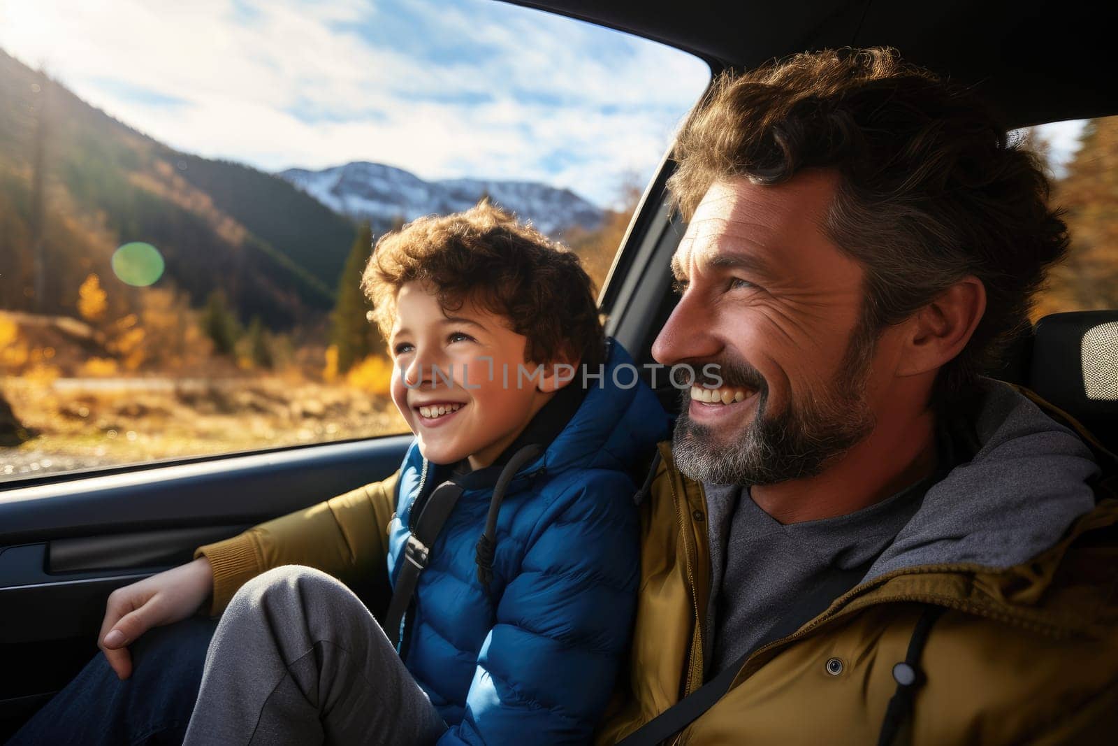 Happy family of father and son enjoying road trip together, AI Generative by Desperada