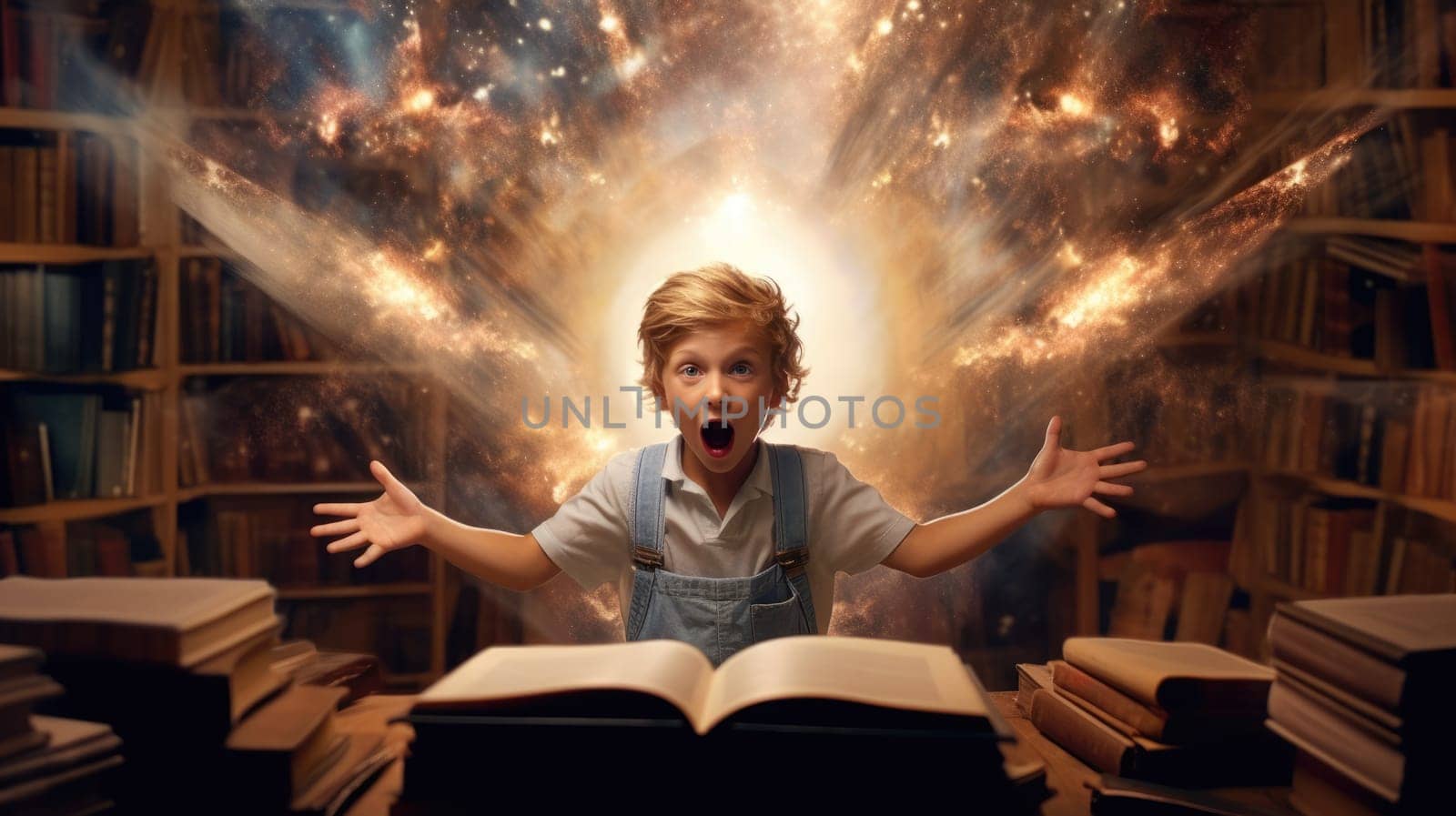 Boy excited with an opened magical book with wave of astral magical elements flowing out. Generative AI weber. by biancoblue