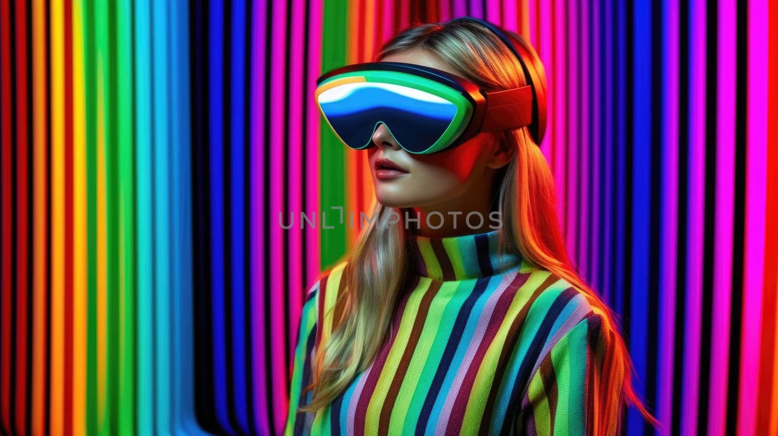 Young female model wearing VR posing with trendy fashion outfit and colorful red optical art abstract background. Picturesque generative AI