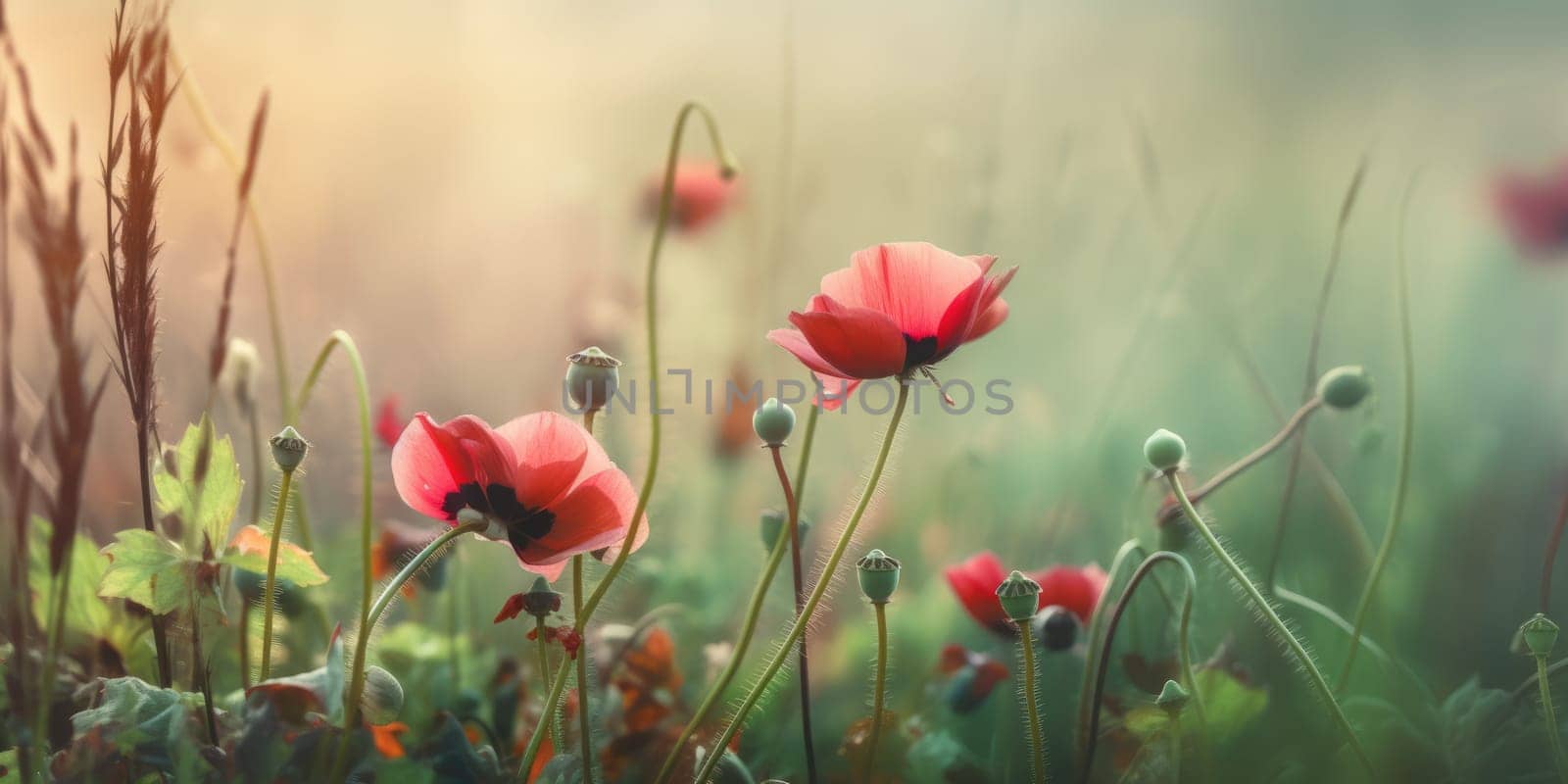 Beautiful abstract red and green misty morning photo floral design background banner. generative ai AIG32 by biancoblue