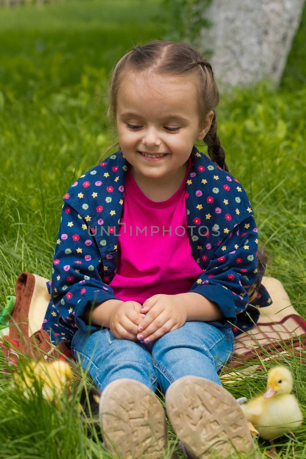 Cute happy little girl with of small ducklings in the garden. Nature background.