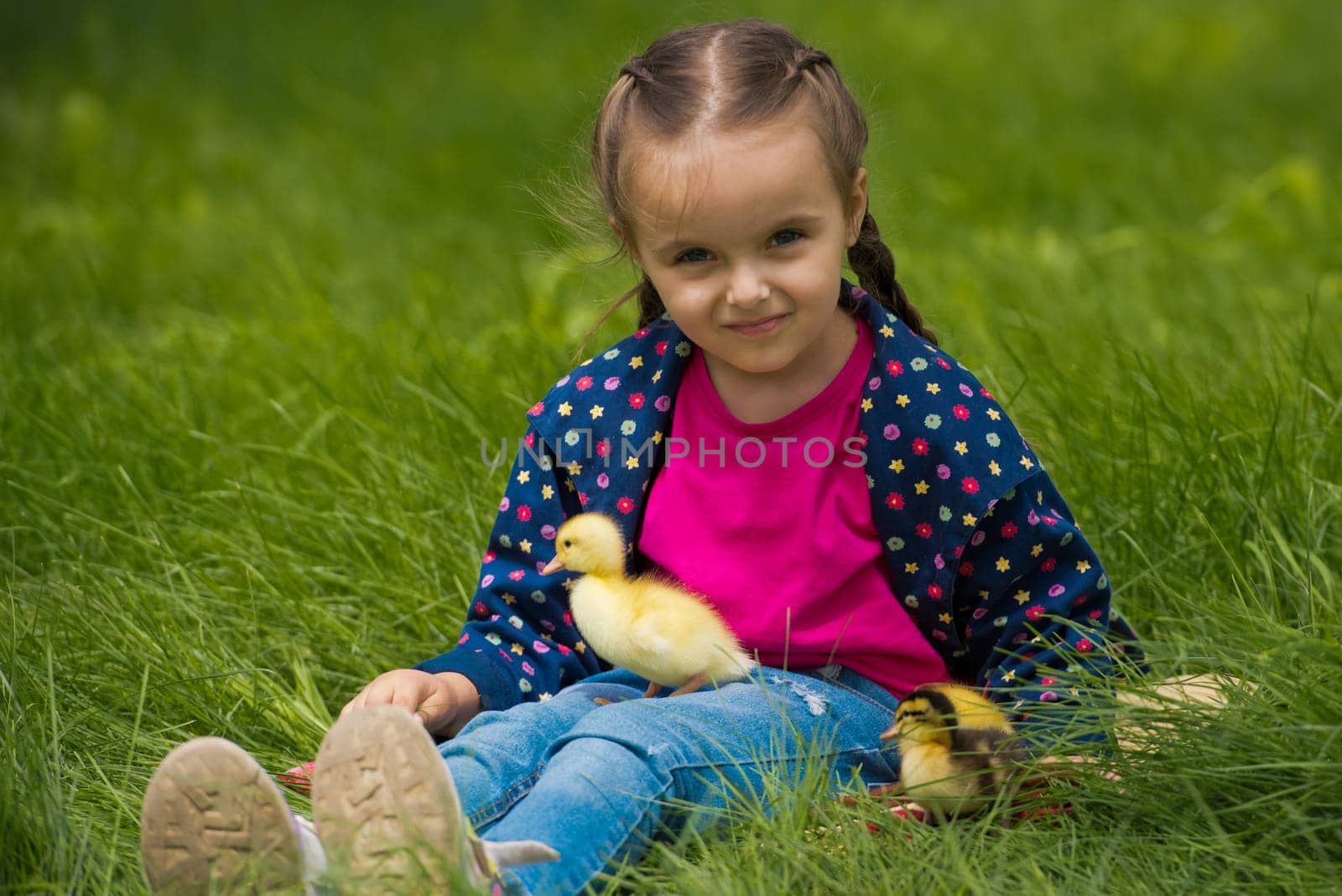 Cute happy little girl with of small ducklings in the garden. Nature background.