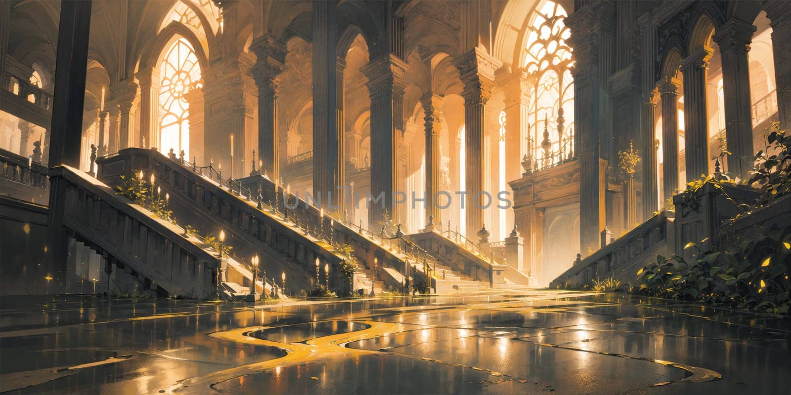 anime style background, landscape, golden river, beautiful sunrise over the mountains, field, panorama, generative ai, generative, ai