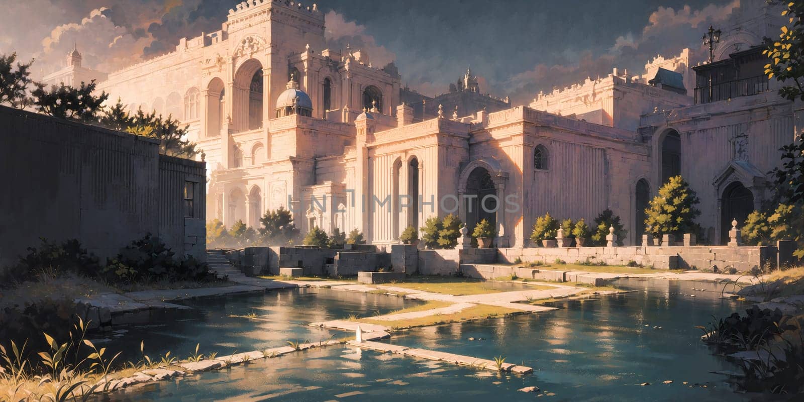 anime style background, landscape, golden river, beautiful sunrise over the mountains, field, panorama, generative ai, generative, ai